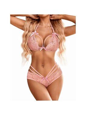 Women's Dark Pink Lace Lingerie Baby Doll Two Pieces Sexy Bra And Panty Sets